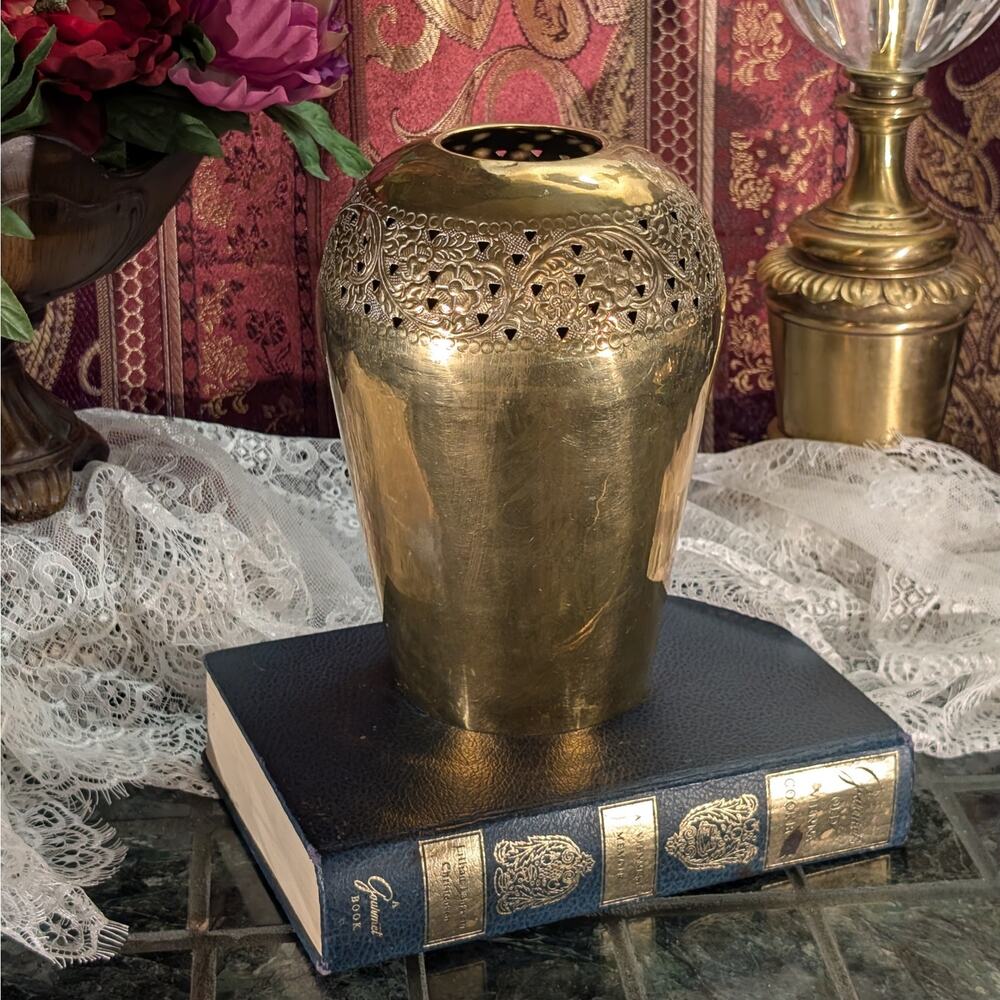 Vintage Solid Brass Pierced Floral Vase India 9.5” Rich Patina Boho Luxe Decor